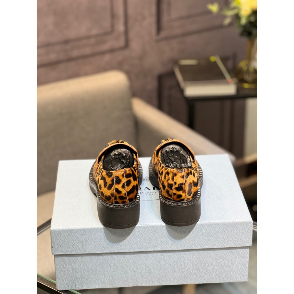 Prada Leopard Calf Hair Triangle Loafers 35-44 Shoes