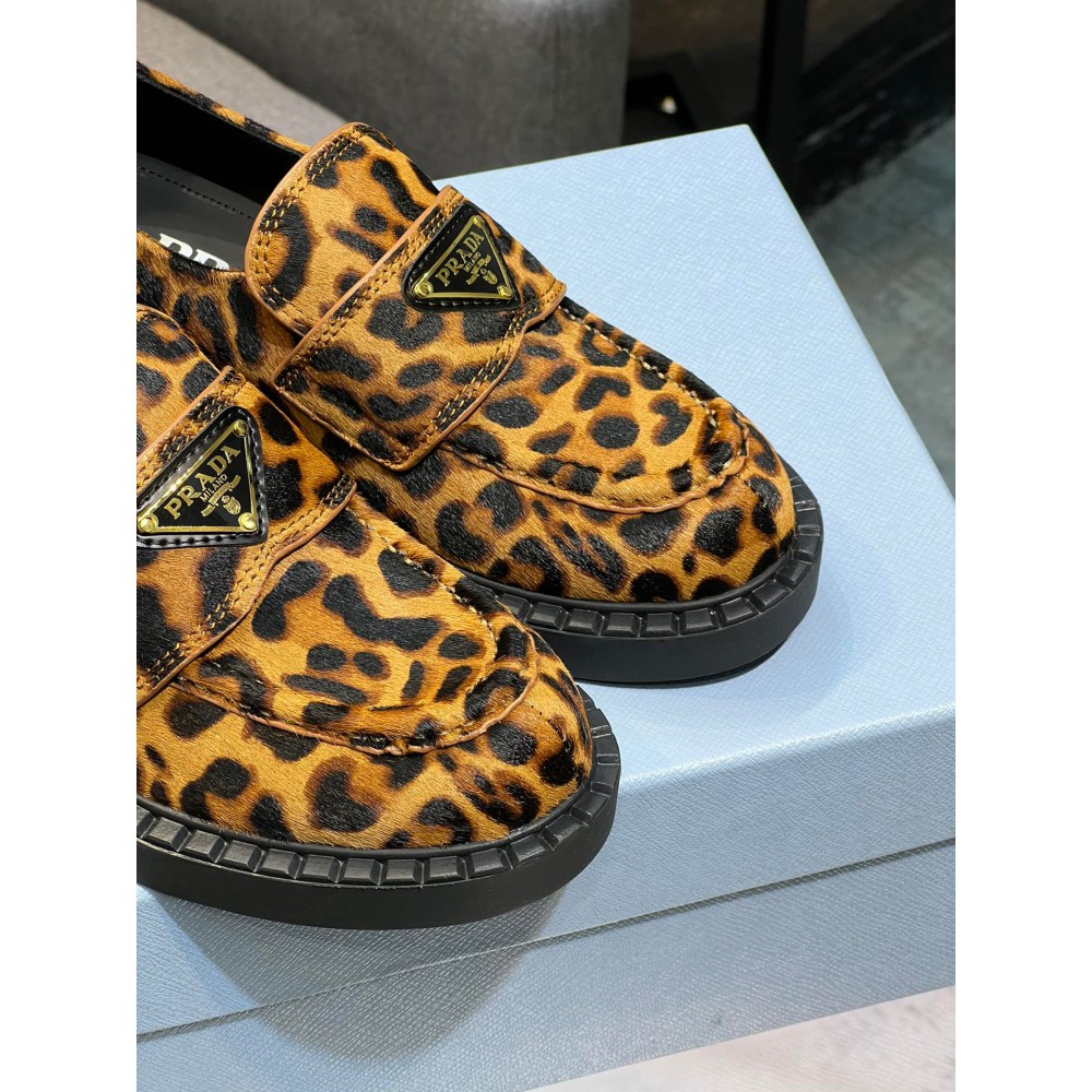 Prada Leopard Calf Hair Triangle Loafers 35-44 Shoes