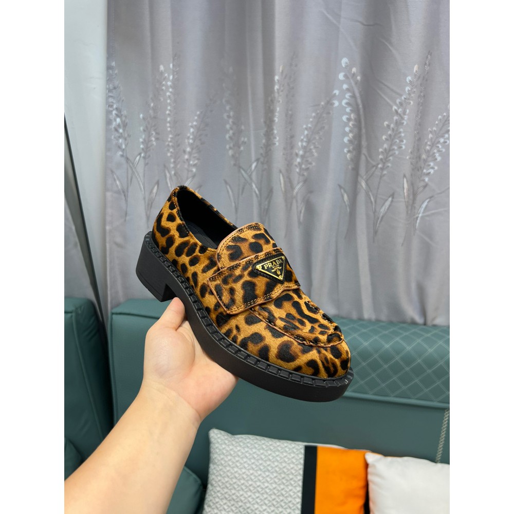 Prada Leopard Calf Hair Triangle Loafers 35-44 Shoes
