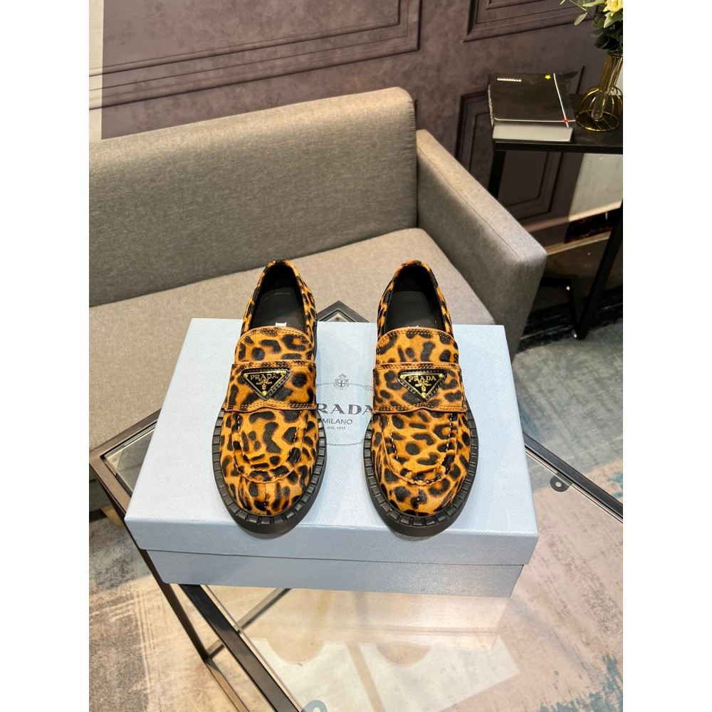 Prada Leopard Calf Hair Triangle Loafers 35-44 Shoes