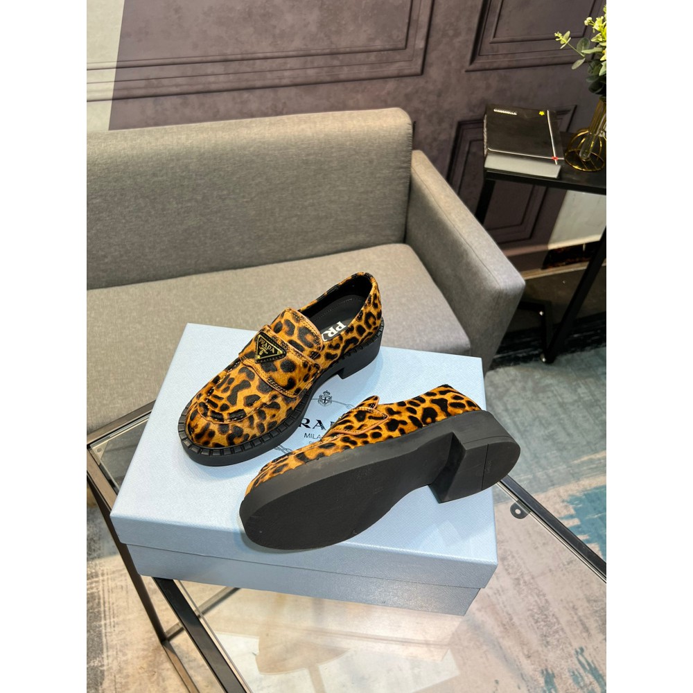 Prada Leopard Calf Hair Triangle Loafers 35-44 Shoes