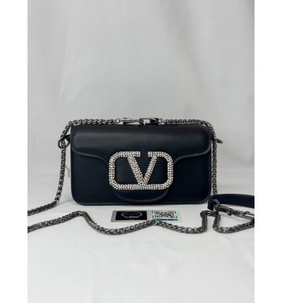 Valentino loco shoulder bag leather crystals black 20x11cm