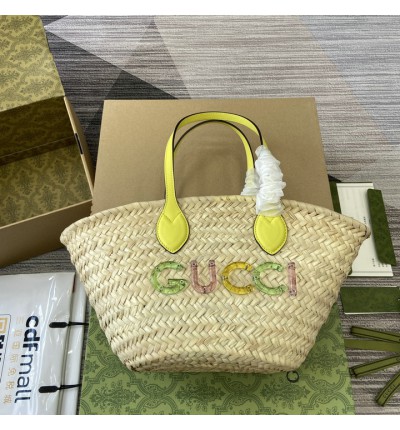 Gucci Mini straw tote with Gucci logo 782381