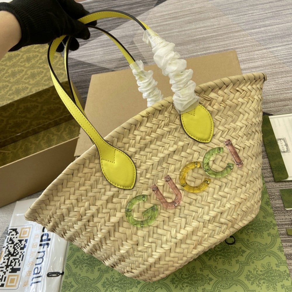 Gucci Mini straw tote with Gucci logo 782381 