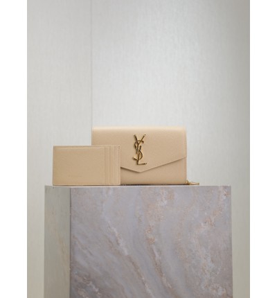 Ysl uptown chain wallet in grain de poudre embossed leather