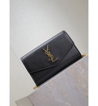 Ysl uptown chain wallet in grain de poudre embossed leather