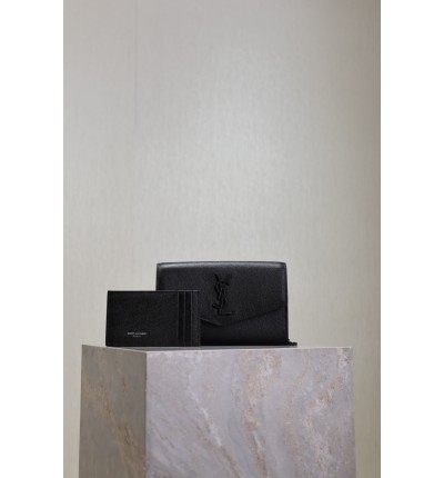 Ysl uptown chain wallet in grain de poudre embossed leather