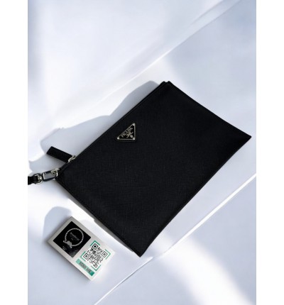 Prada logo plaque clutch saffiano leather 28x20cm