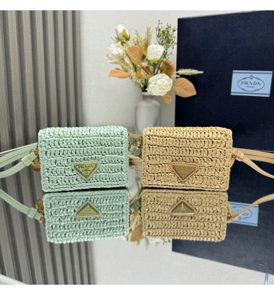 Prada raffia crochet card holder with strap 11.5x8cm